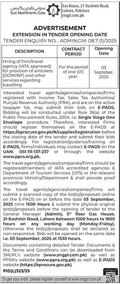 Sui Northern Gas Company Limited Lahore Tender Notice